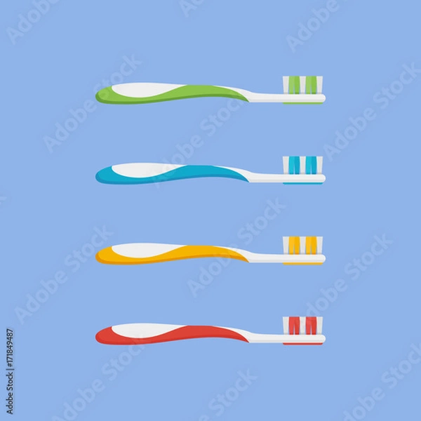 Obraz Set of toothbrush in different colors isolated on blue background. Flat style icon. Vector illustration.