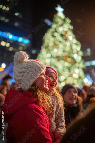Fototapeta joyful family gathers around towering christmas tree in toronto sharing warm hugs and laughter
