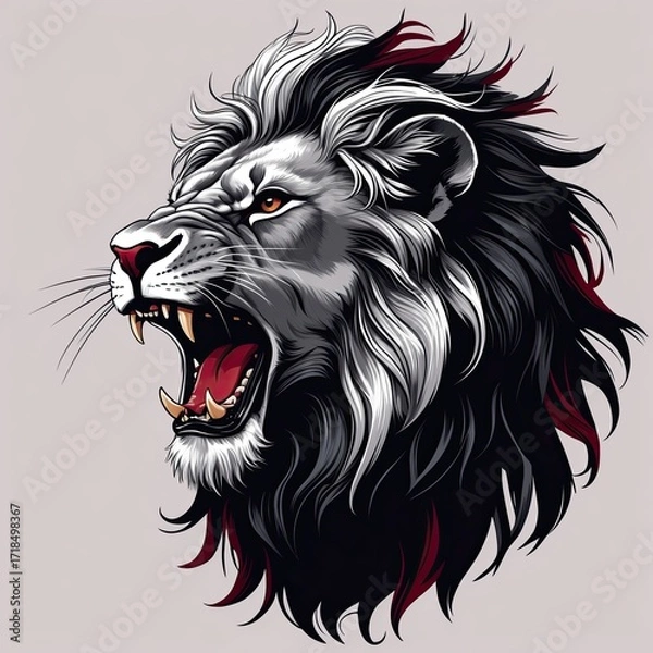 Fototapeta A roaring lion head with a flowing mane in black and deep gray