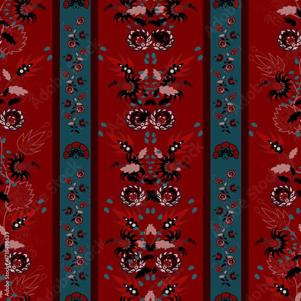 Obraz Floral seamless folk pattern, ethnic folklore flowers. Ethnic flowers, Jacobean traditional style on a white background. Classic indian motifs, trendy vector illustration
