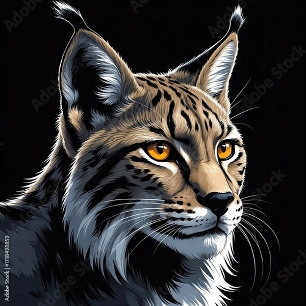 Fototapeta A lynx head with tufted ears, detailed in black and smoke gray