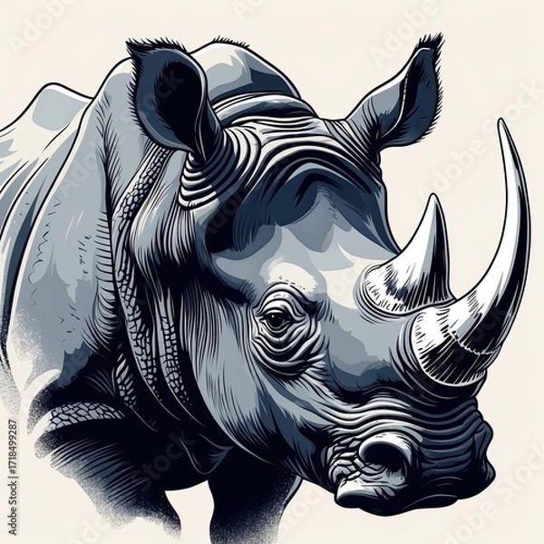 Fototapeta A rhino head angled forward, skin shaded in dark gray with black lines