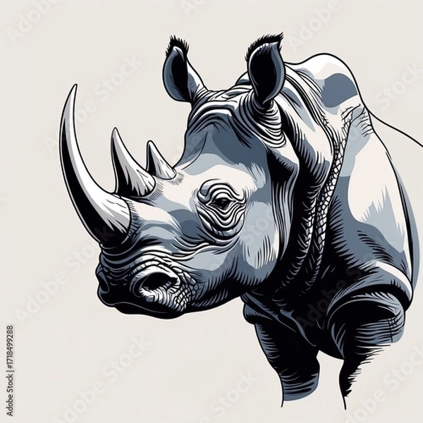 Fototapeta A rhino head angled forward, skin shaded in dark gray with black lines