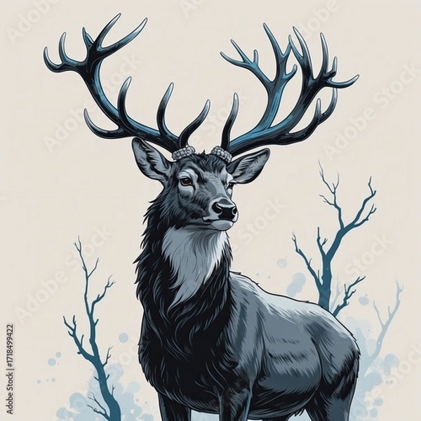 Fototapeta A proud stag with branching antlers, body in black and gray