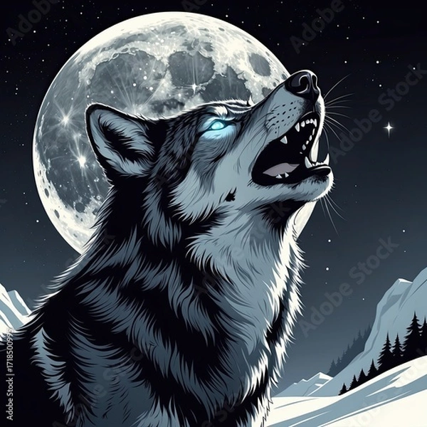 Fototapeta A wolf howling at the moon, rendered in black and ash gray