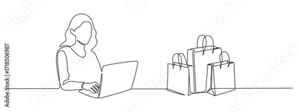 Fototapeta Woman with laptop computer and shopping bags in one continuous line drawing. Symbol of online shopping in simple linear style. Internet delivery in Editable stroke. Outline vector illustration