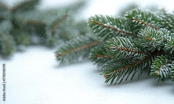 Fototapeta Frosty pine branches on snow