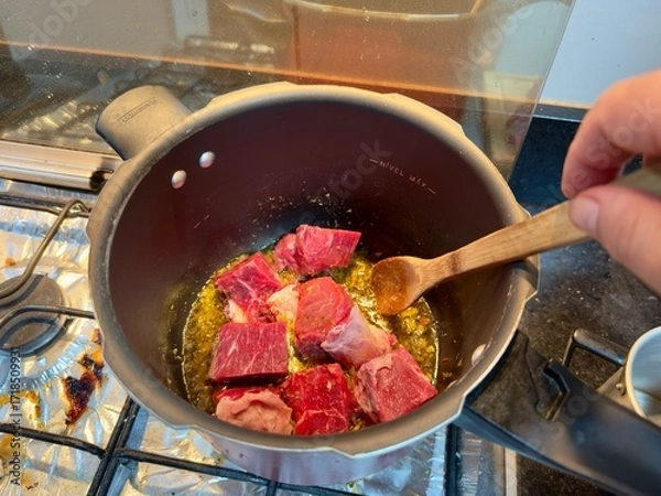 Fototapeta Carne em cubos cortas sobre a mesa com fundo desfocado e cebolas e panela con nivel de agua.
