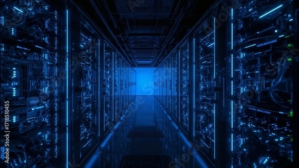 Fototapeta Futuristic data center neon cooling racks