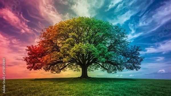 Fototapeta Symmetrical rainbow tree amid multicolored sky