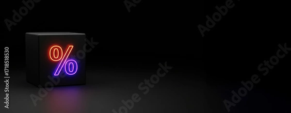 Fototapeta On a reflective surface, dark cube presents glowing neon percentage sign with orange illumination above and purple below in expansive space. Black friday concept.Copy space.banner