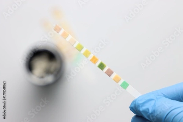 Fototapeta Urinalysis strips to test urine sample in a light background and copy space