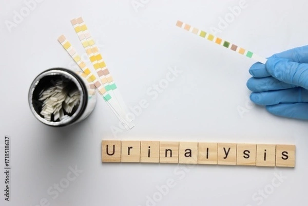 Fototapeta Urinalysis strips to test urine sample in a light background and copy space