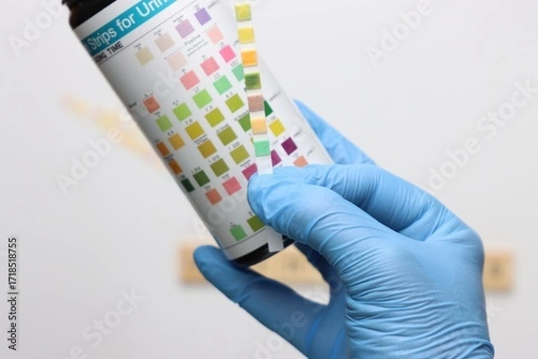Fototapeta Urinalysis strips to test urine sample in a light background and copy space