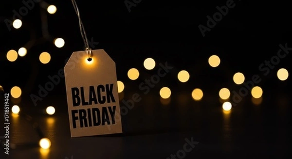 Fototapeta A tag reading "Black Friday" hangs amidst soft glow of blurred lights, inviting shoppers to seize promotional bargains during the anticipated shopping day.Copy space.