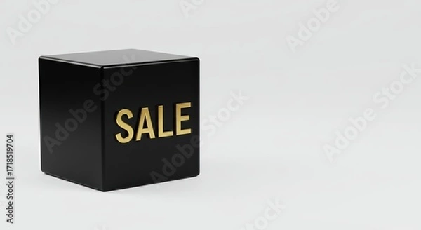 Fototapeta A black cube with the word "SALE" in shiny gold lettering sits on solid white surface, suggesting promotion or special discount event. Black friday concept.Copy space.