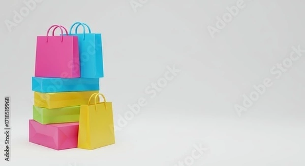 Fototapeta A stack of colorful boxes supports several shopping bags against plain backdrop, suggesting successful trip or vibrant retail promotion. Black friday concept.Copy space.