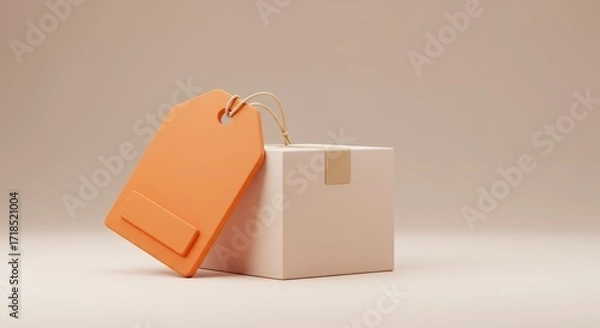Fototapeta A tan package sits on matching surface, with blank orange tag resting against it by tied string, all set simple, backdrop. Black friday concept.