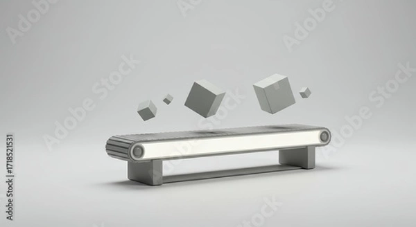 Fototapeta Geometric gray packages hover above a conveyor belt illuminated by bright light, all against simple, clean background. Black friday concept.