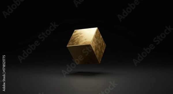 Fototapeta A golden cube, displaying textured surface, hovers above dark grey plane, its geometric form contrasting with the shadowed, minimalist backdrop behind it. Black friday concept.