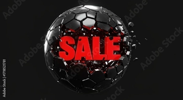 Fototapeta A fractured sphere shatters to reveal bold, red letters spelling "SALE" against stark black background, symbolizing powerful promotion coming the forefront. Black friday concept.