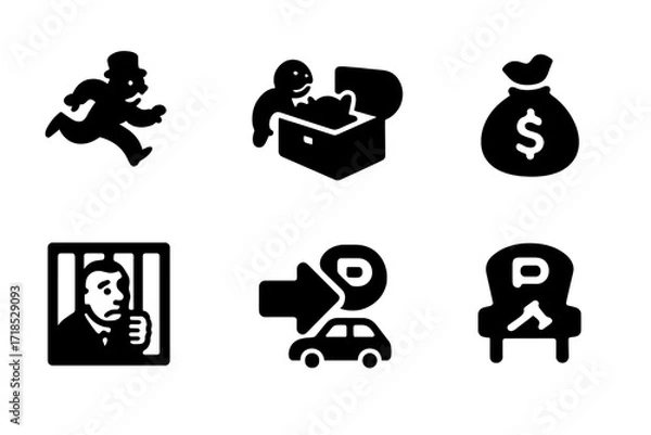 Fototapeta Monopoly Card Icons. Solid, filled icon set of monopoly special cards: chance card, community chest card, property deed, tax card, jail card, pass go card,