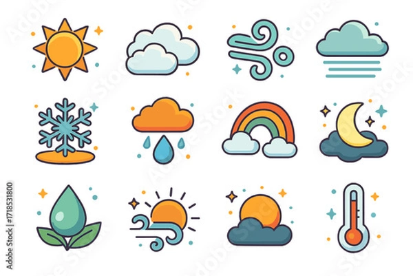 Fototapeta Seasonal Weather Icons. Colorful isometric vector icons set of seasonal weather during harvest: sunny sky, fluffy clouds, light breeze swirl, fog layer, early