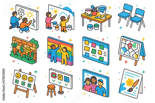 Fototapeta Community Mural Icons. Colorful isometric vector icons set of community mural projects: team sketching wall, children painting, community tools table, folding