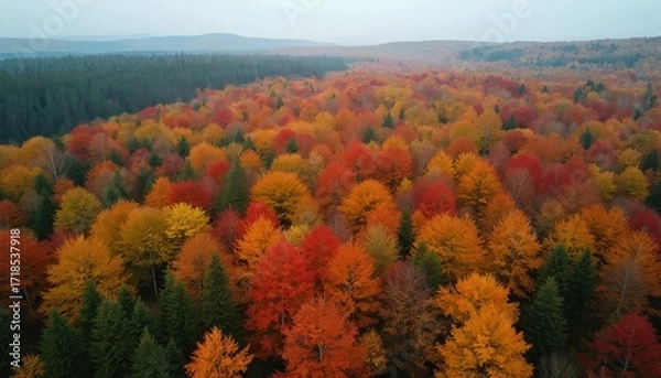 Fototapeta Aerial perspective of dense forest canopy ablaze with vibrant autumn colors. Red, orange, and yellow leaves contrast with dark green pines, forming a rich natural tapestry.