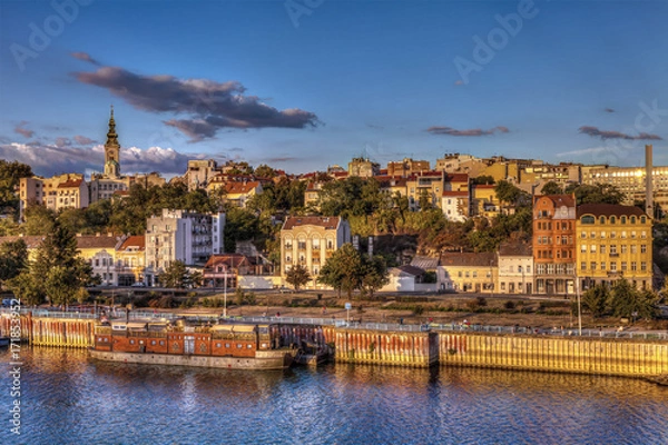 Fototapeta Old Belgrade and harbor on the Sava River. HDR image