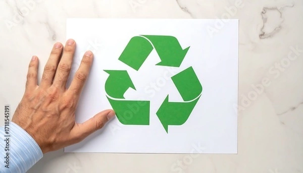 Obraz Eco friendly recycle icon on paper with businessman hand for corporate responsibility and green business concept