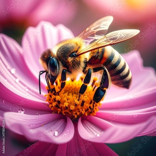 Obraz Honeybee collects nectar from a pink flower