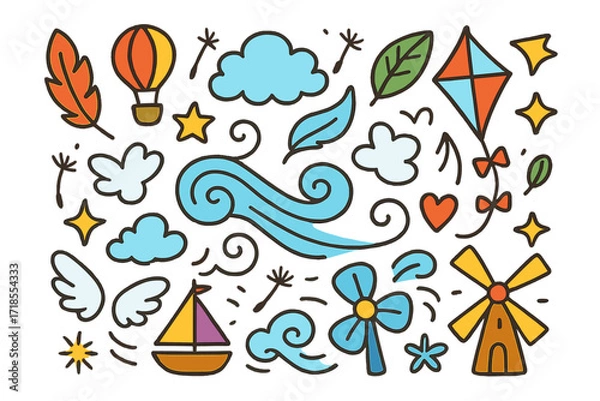 Fototapeta Colorful Air Doodles. Air. Colorful Hand-drawn doodle Children illustration swirl, feather, cloud, balloon, kite, leaf, dandelion seeds, sparkle, star, heart,