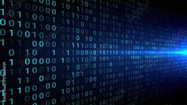 Fototapeta technology digital abstract art with binary code streaming in teal against dark background showing futuristic data flow and innovation illuminated by bright light source