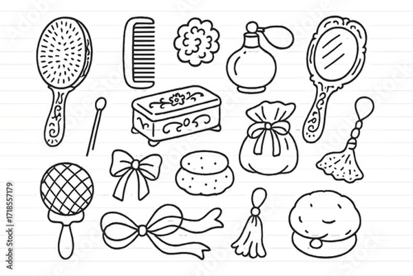 Fototapeta Vintage Toiletry Sketch. Hand-drawn doodle illustration [Vintage hairbrush set] [ornate brush, ivory comb, hand mirror, bristle pattern, carved handle, perfume