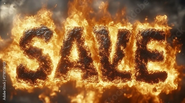 Fototapeta Fiery "SAVE" text in a dramatic display of flames and smoke