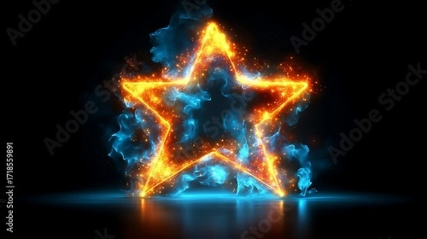 Fototapeta Fiery star shape, outlined in orange-yellow flames, surrounded by blue-white smoke.  A reflective surface below