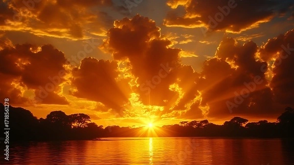 Fototapeta Fiery sunset over a tranquil lake