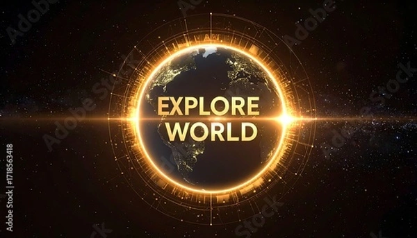 Obraz Earth globe, centered, surrounded by golden light, "EXPLORE WORLD" text