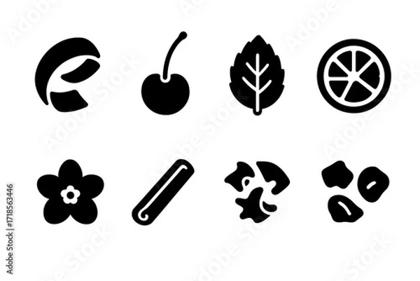 Fototapeta Liqueur Garnish Icons. Solid, filled icon set of liqueur garnishes: lemon twist, cherry, mint leaf, orange slice, edible flower, cinnamon stick, chocolate