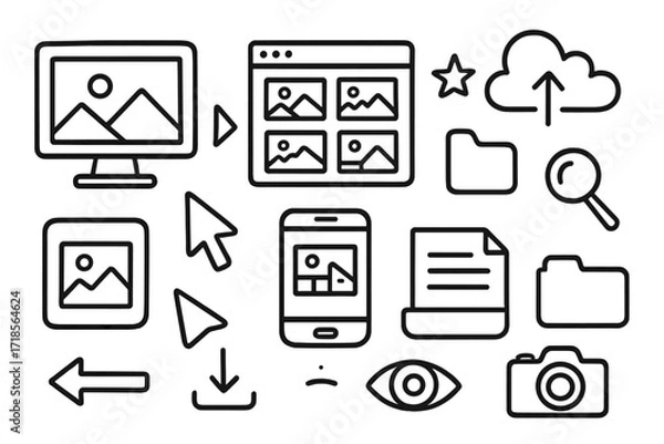 Fototapeta Digital Gallery Doodles. Hand-drawn doodle illustration digital gallery screen, photo icon, app window, cursor, cloud upload, star, gallery grid, smartphone,