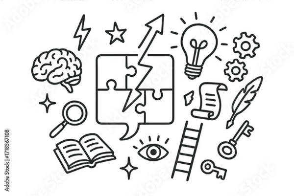 Obraz Mental Breakthrough Doodles. Hand-drawn doodle illustration Mental breakthrough cracked puzzle, light bulb, brain, arrow, gears, lightning bolt, star, scroll,