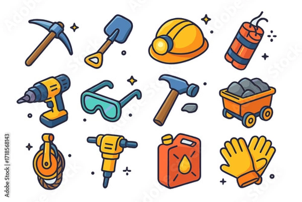 Fototapeta Colorful Mine Tools. Colorful isometric vector icons set of mine tools and equipment: pickaxe, shovel, helmet with light, dynamite bundle, mining drill, safety