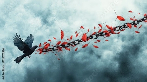 Fototapeta A black bird is flying through a chain of red feathers