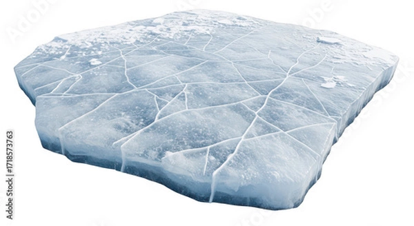 Fototapeta Textured ice block with intricate crack patterns, showcasing the visual beauty of frozen water and its cold, crystalline structure, isolated for themes of winter, purity, and natural elements