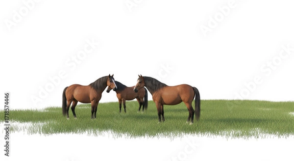 Fototapeta Three Horses Grazing in a Lush Green Meadow, Isolated on White