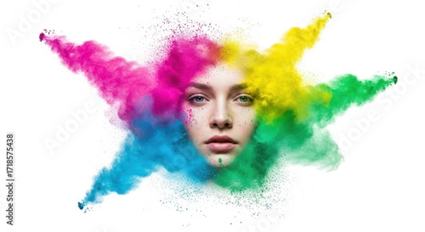 Fototapeta Captivating portrait of a woman's face emerging from a vibrant explosion of multi-colored powder, symbolizing artistic expression, creativity, and inner beauty against a clean white background