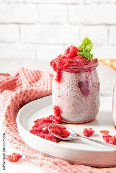 Fototapeta Single homemade raspberry chia seed pudding