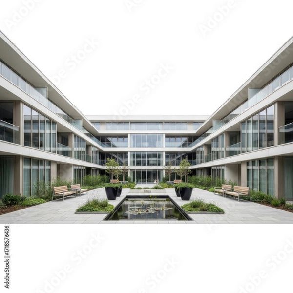 Fototapeta Modern courtyard building architecture with reflecting pool and greenery transparent background
