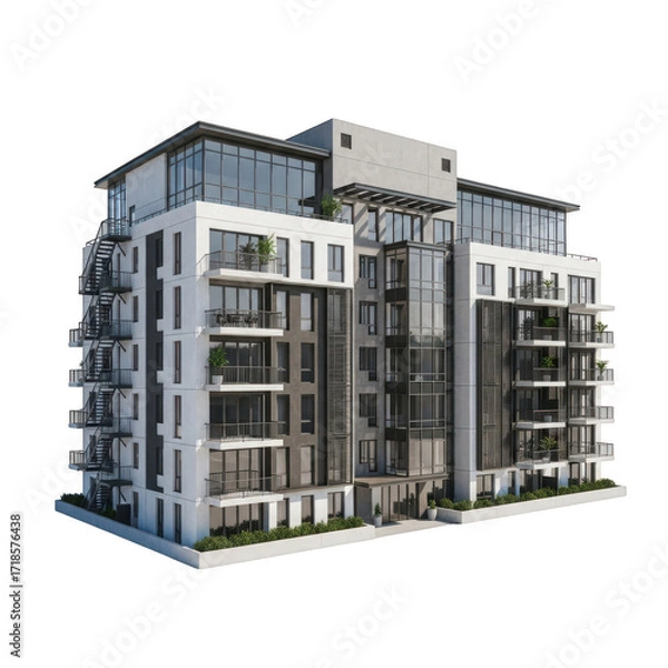 Fototapeta Modern residential building with multiple floors and balconies transparent background